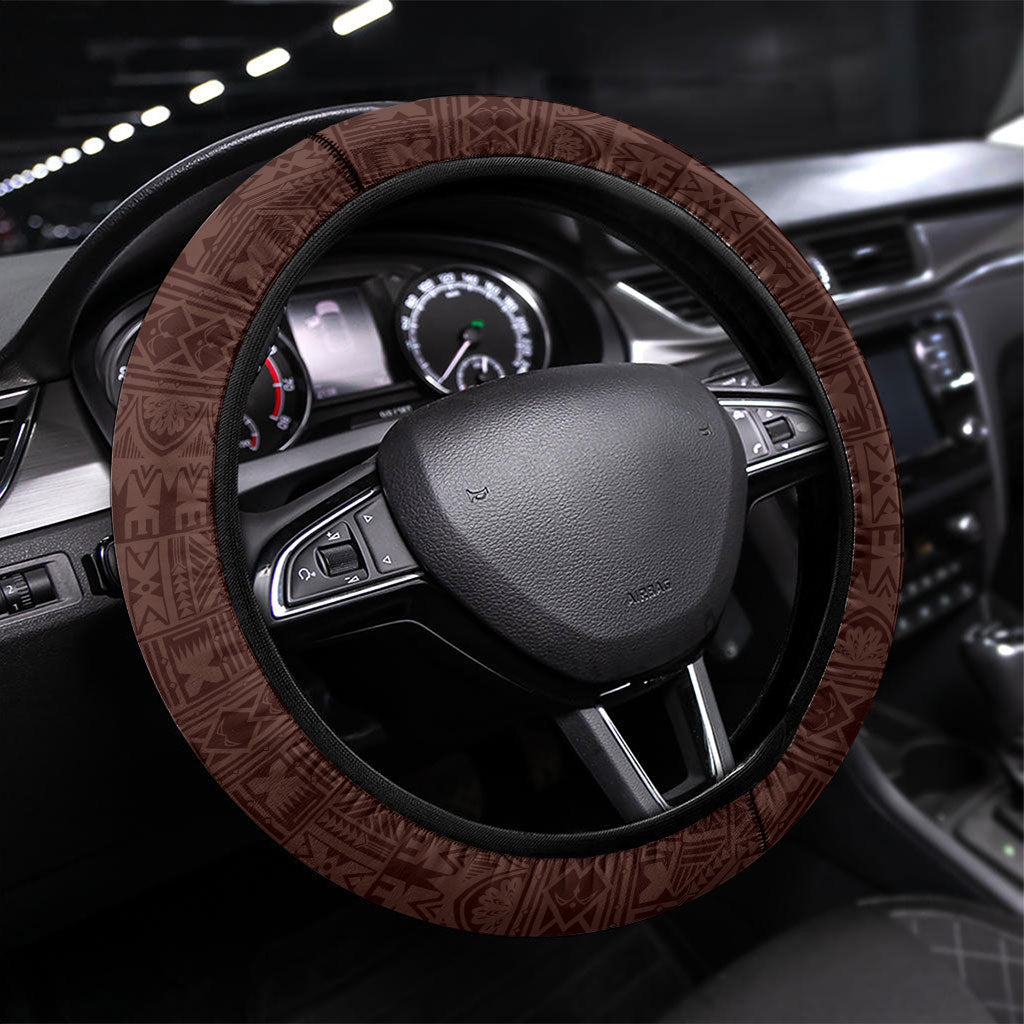 Bula Fiji Tapa Turtle Steering Wheel Cover Plumeria Fijian Masi Vonu Brown LT14 Universal Fit Brown - Polynesian Pride