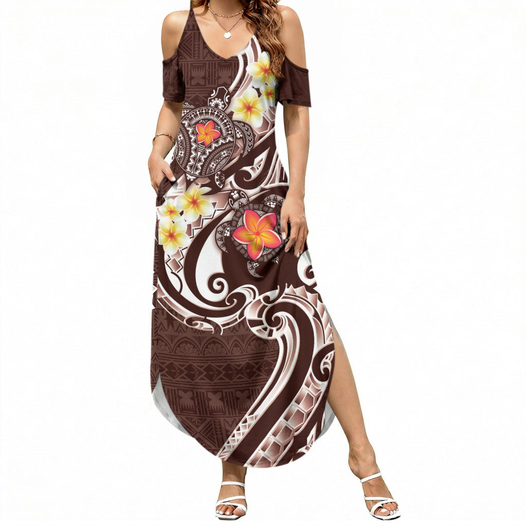 Bula Fiji Tapa Turtle Summer Maxi Dress Plumeria Fijian Masi Vonu Brown LT14 Women Brown - Polynesian Pride