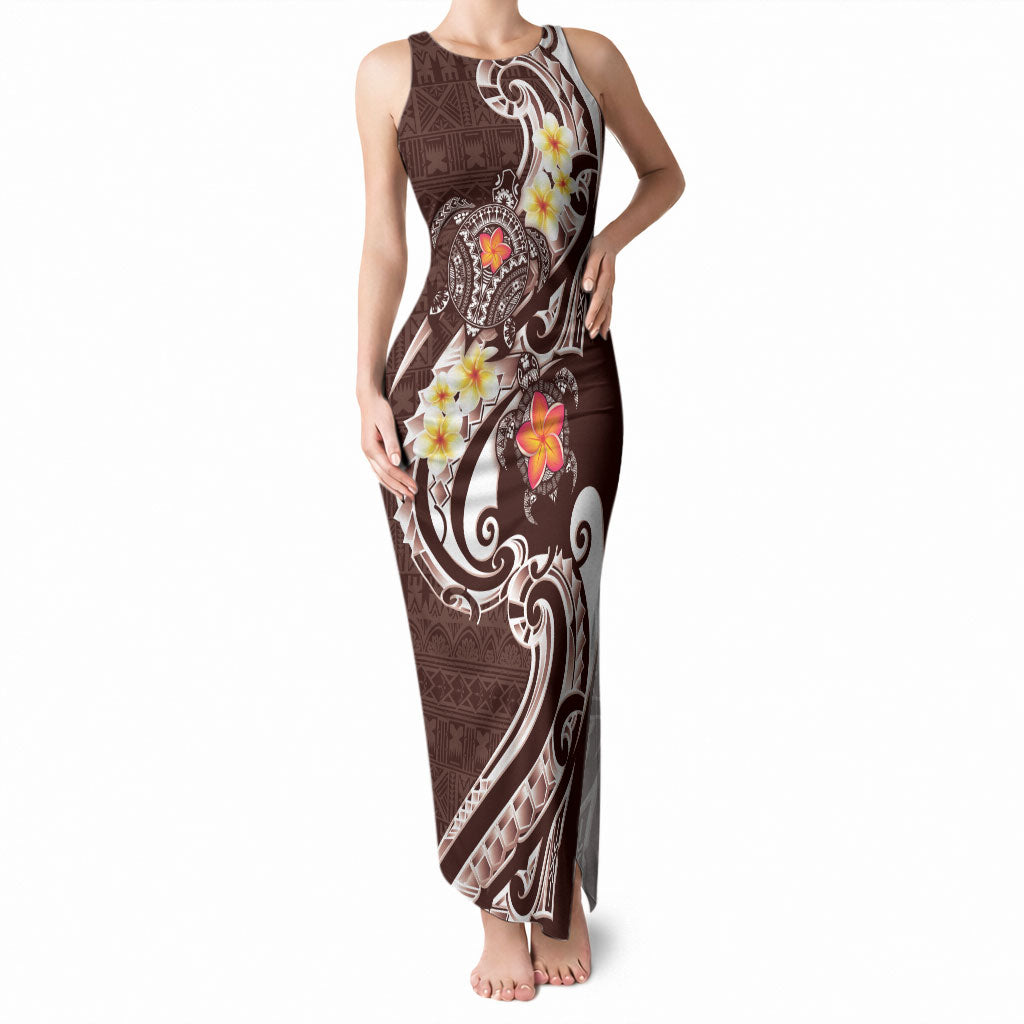 Bula Fiji Tapa Turtle Tank Maxi Dress Plumeria Fijian Masi Vonu Brown LT14 Women Brown - Polynesian Pride