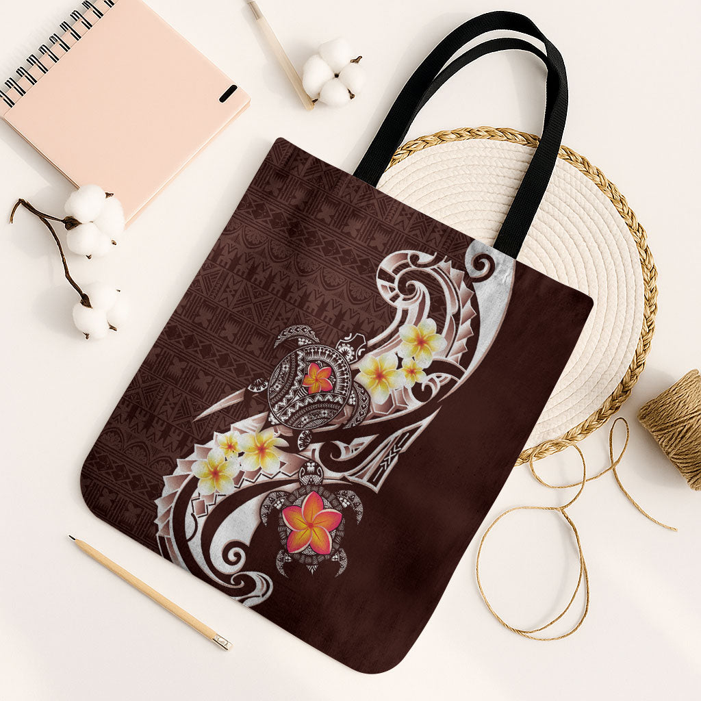 Bula Fiji Tapa Turtle Tote Bag Plumeria Fijian Masi Vonu Brown LT14 Black Strap One Size Brown - Polynesian Pride