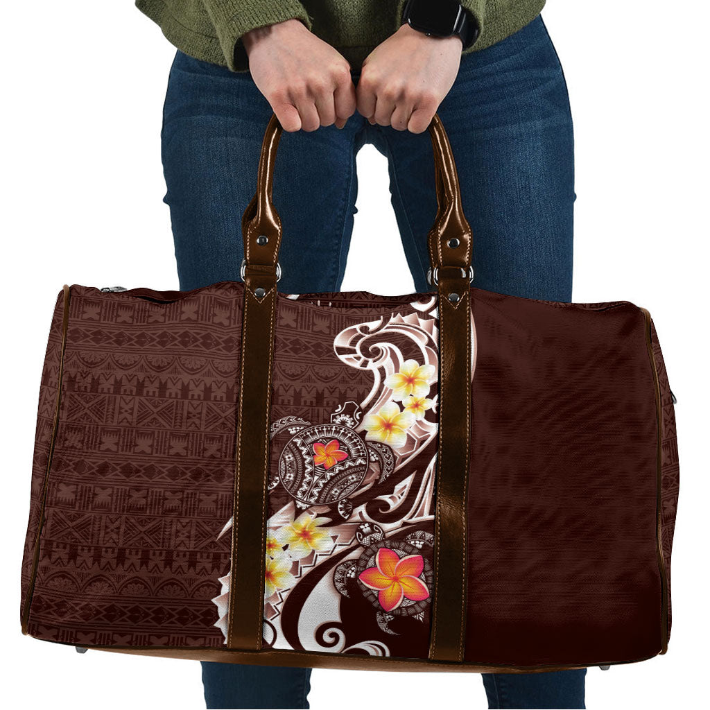 Bula Fiji Tapa Turtle Travel Bag Plumeria Fijian Masi Vonu Brown LT14 Brown - Polynesian Pride