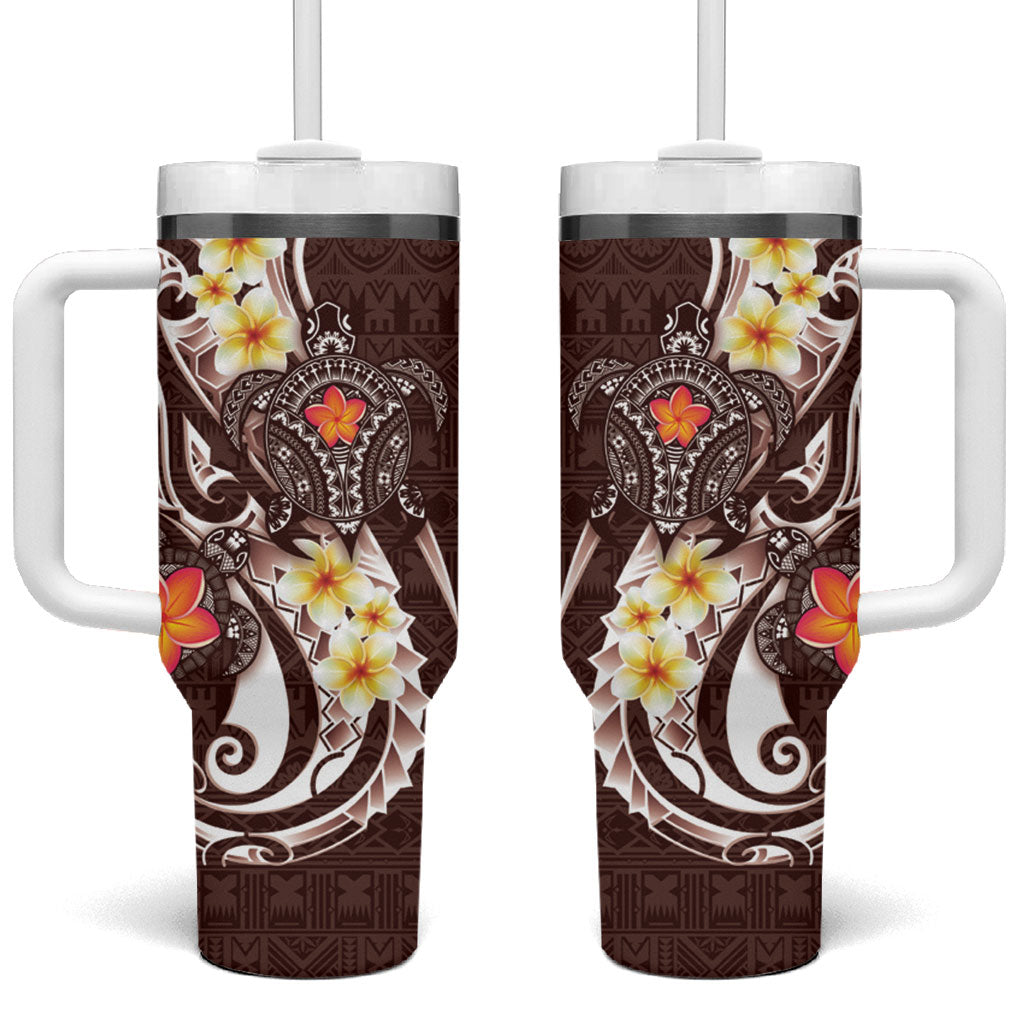 Bula Fiji Tapa Turtle Tumbler With Handle Plumeria Fijian Masi Vonu Brown LT14 One Size: 40 oz Brown - Polynesian Pride