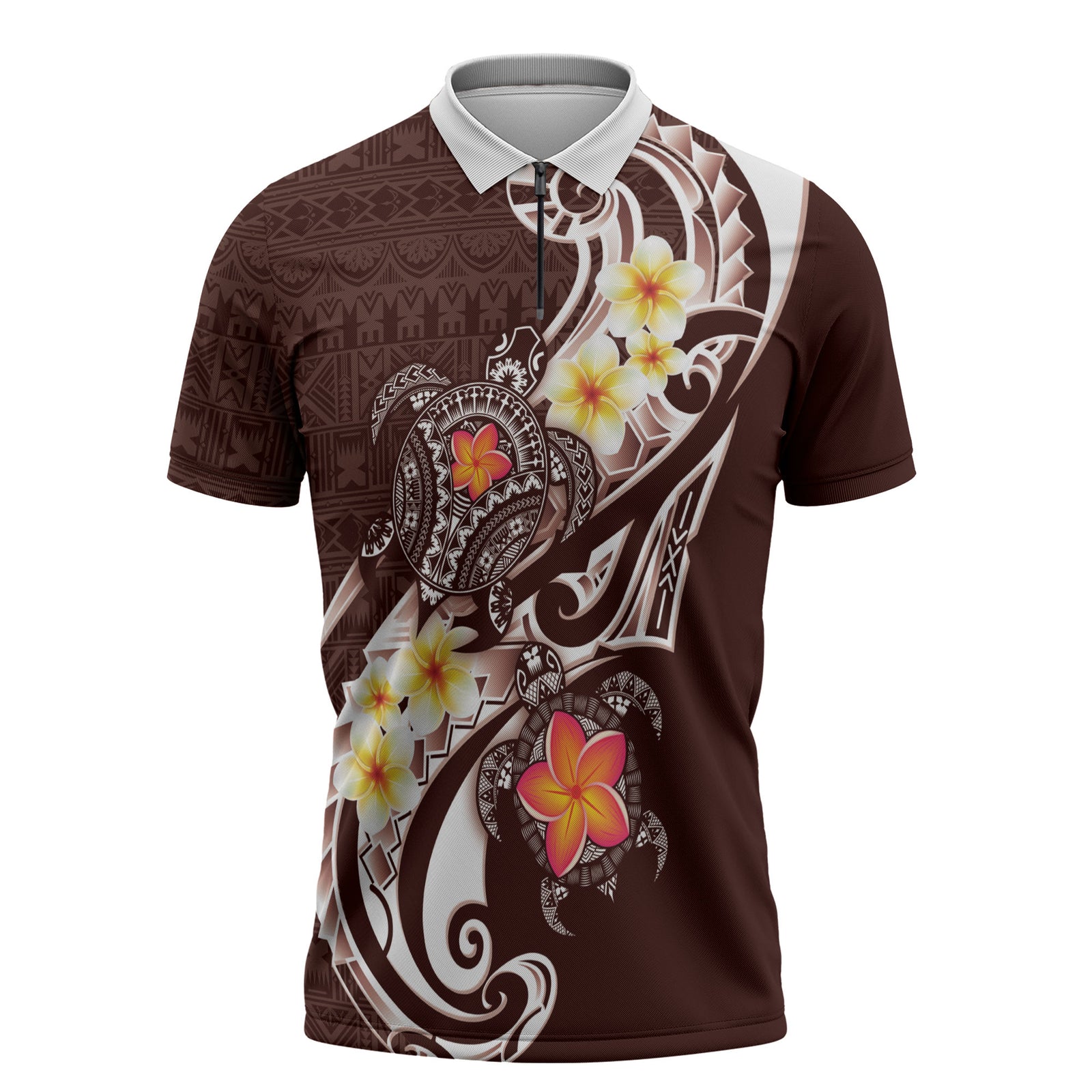 Bula Fiji Tapa Turtle Zipper Polo Shirt Plumeria Fijian Masi Vonu Brown LT14 Brown - Polynesian Pride