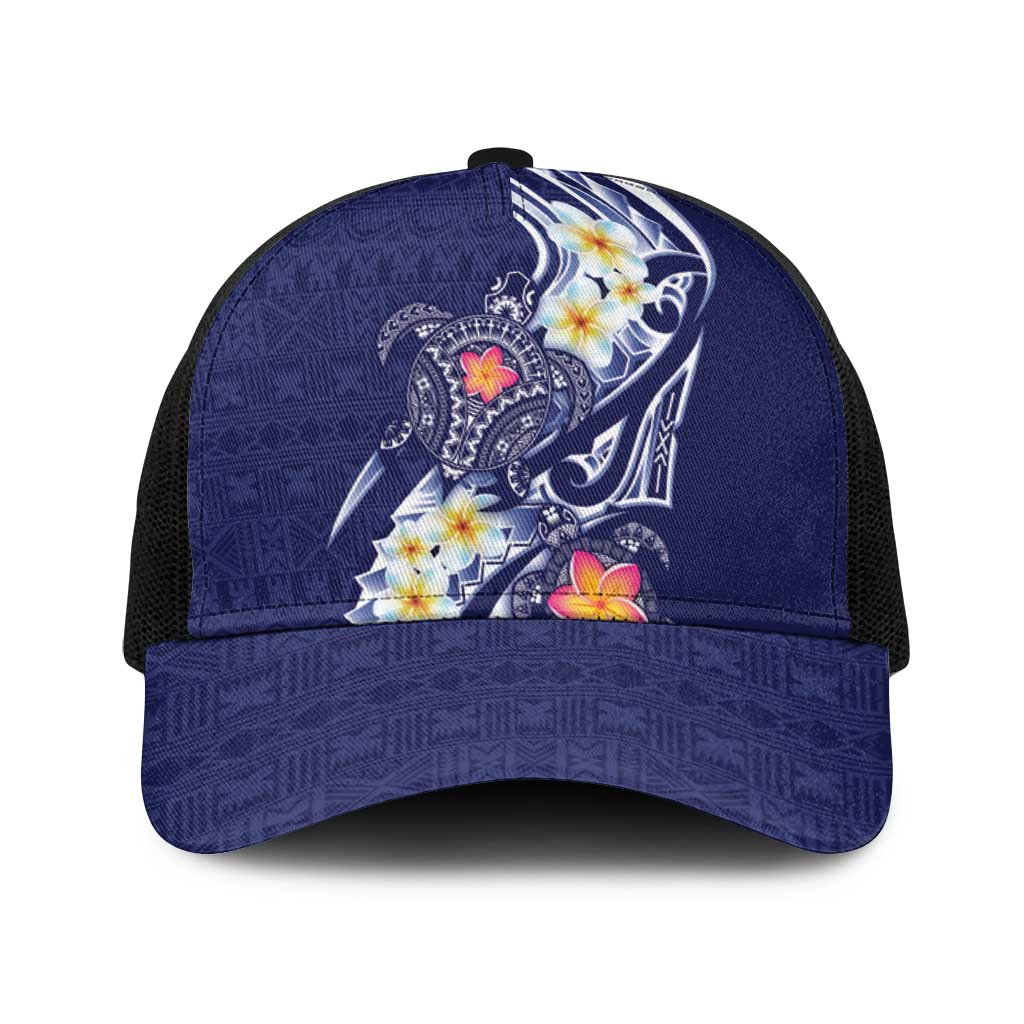 Bula Fiji Tapa Turtle Baseball Net Cap Plumeria Fijian Masi Vonu Midnight Blue LT14 One Size Black Midnight Blue - Polynesian Pride