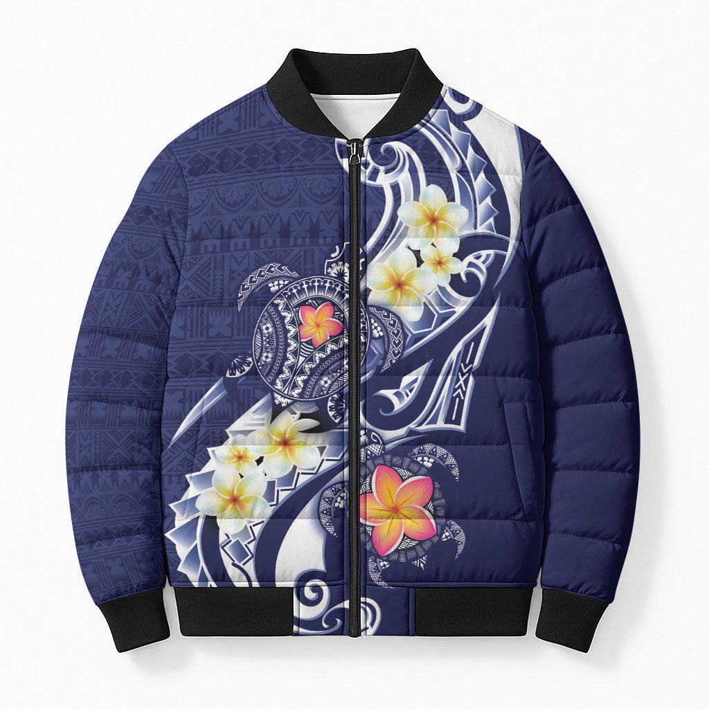 Bula Fiji Tapa Turtle Bomber Puffer Jacket Plumeria Fijian Masi Vonu Midnight Blue LT14 Unisex Midnight Blue - Polynesian Pride