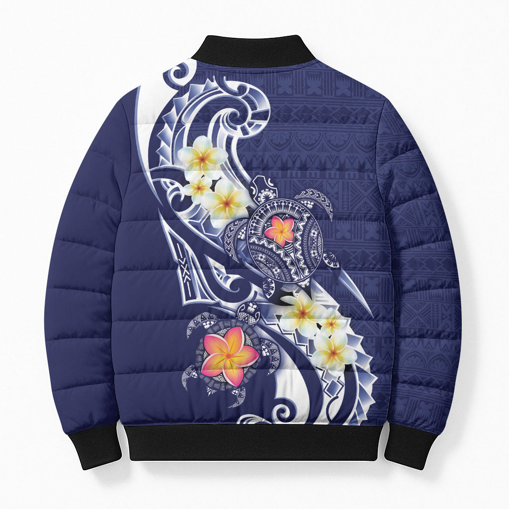 Bula Fiji Tapa Turtle Bomber Puffer Jacket Plumeria Fijian Masi Vonu Midnight Blue LT14 - Polynesian Pride