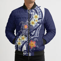 Bula Fiji Tapa Turtle Bomber Puffer Jacket Plumeria Fijian Masi Vonu Midnight Blue LT14 - Polynesian Pride