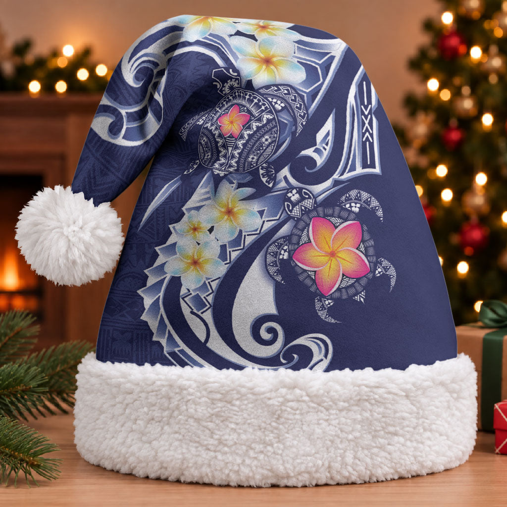 Bula Fiji Tapa Turtle Christmas Santa Hat Plumeria Fijian Masi Vonu Midnight Blue LT14 With Fur Midnight Blue - Polynesian Pride