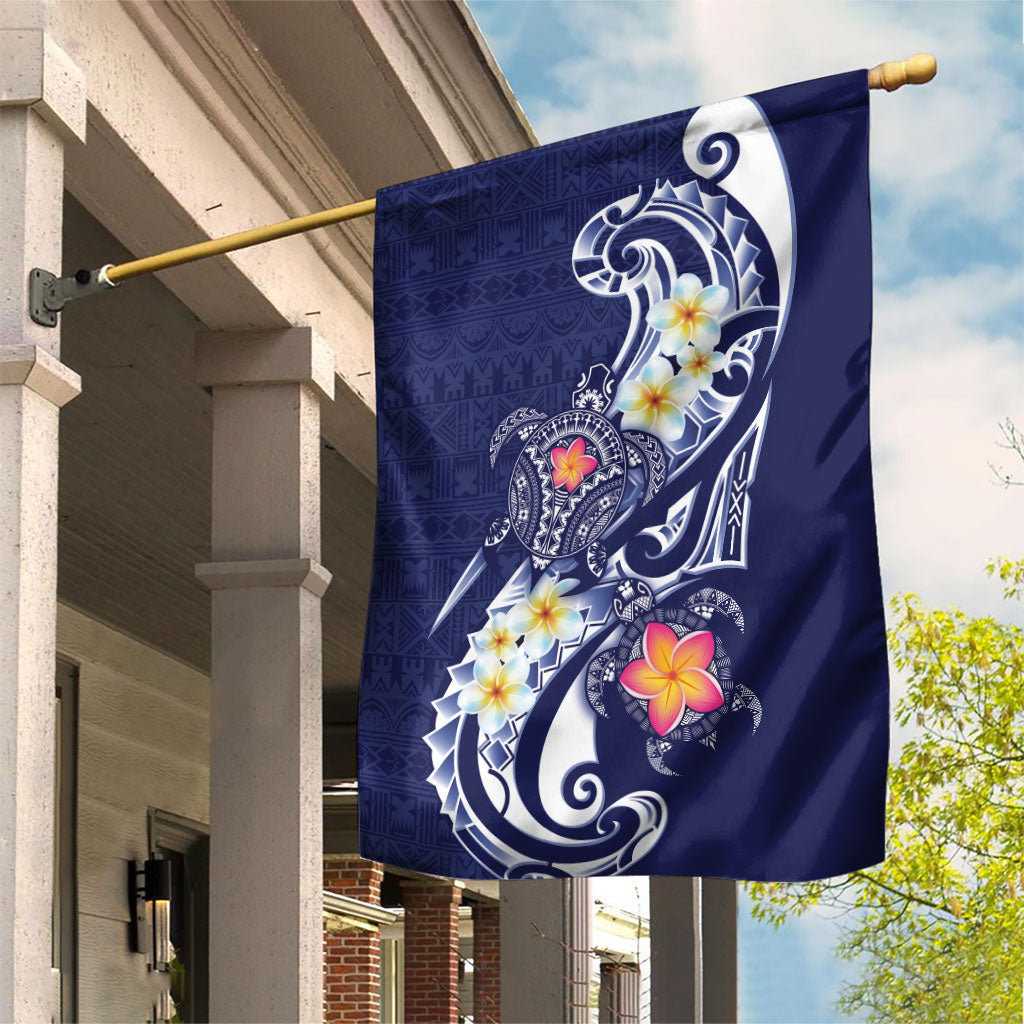 Bula Fiji Tapa Turtle Garden Flag Plumeria Fijian Masi Vonu Midnight Blue LT14 House Flag Midnight Blue - Polynesian Pride