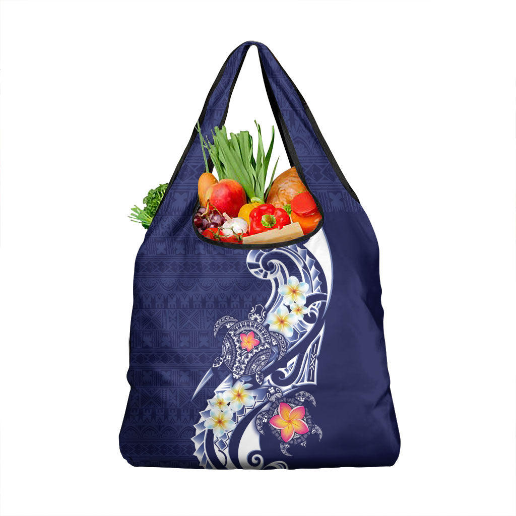 Bula Fiji Tapa Turtle Grocery Bag Plumeria Fijian Masi Vonu Midnight Blue LT14 1-pack One Size Midnight Blue - Polynesian Pride