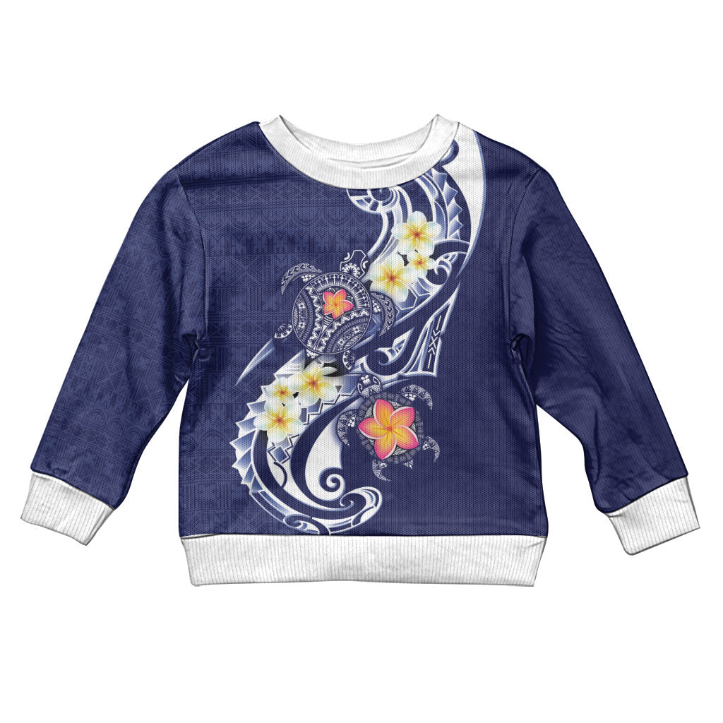 Bula Fiji Tapa Turtle Kid Ugly Christmas Sweater Plumeria Fijian Masi Vonu Midnight Blue LT14 Kid Midnight Blue - Polynesian Pride
