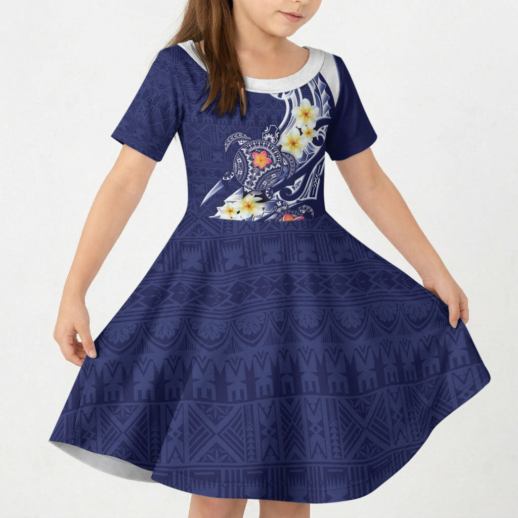 Bula Fiji Tapa Turtle Kid Short Sleeve Dress Plumeria Fijian Masi Vonu Midnight Blue LT14 KID Midnight Blue - Polynesian Pride