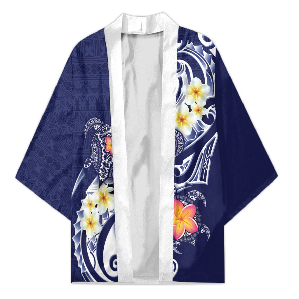 Bula Fiji Tapa Turtle Kimono Plumeria Fijian Masi Vonu Midnight Blue LT14 Unisex Midnight Blue - Polynesian Pride