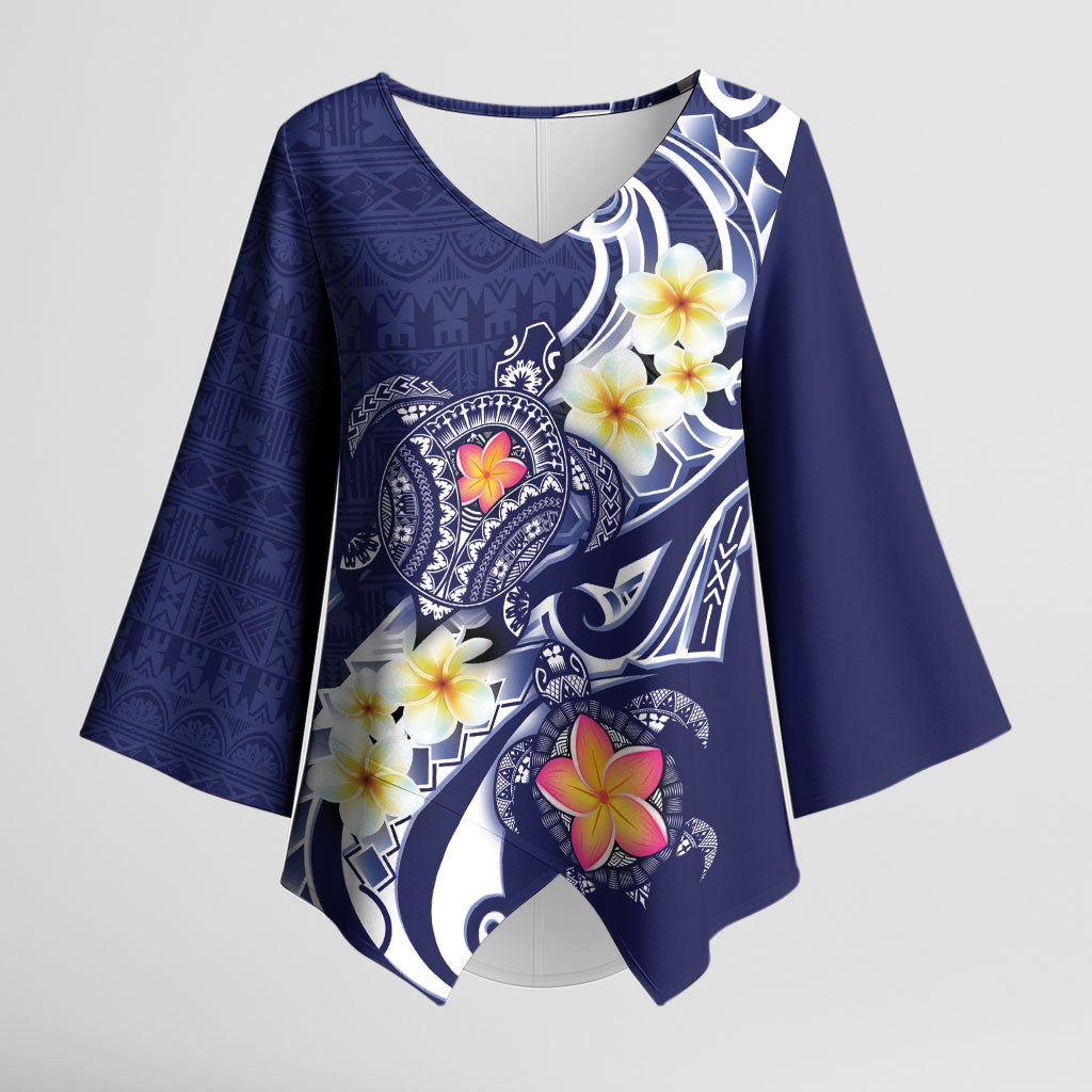 Bula Fiji Tapa Turtle Kimono Sleeve Blouse Plumeria Fijian Masi Vonu Midnight Blue LT14 Female Midnight Blue - Polynesian Pride