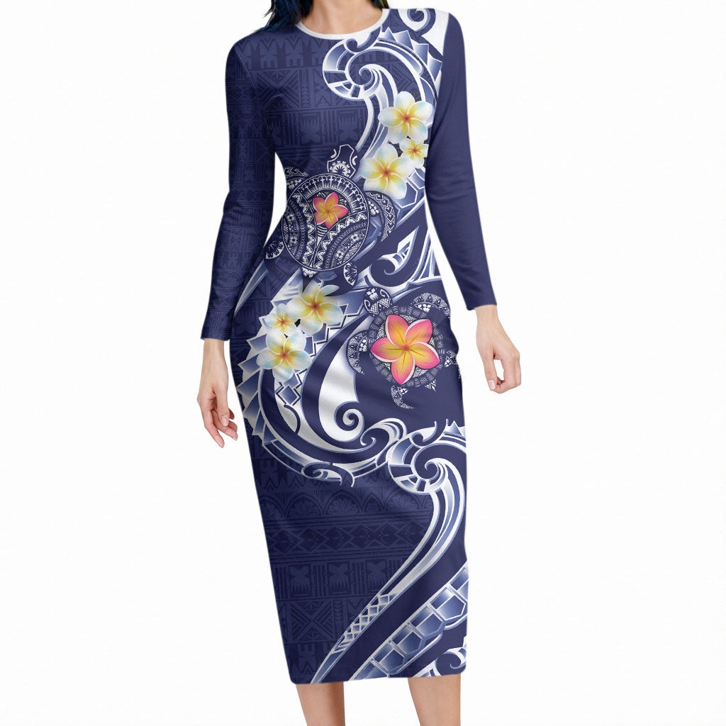 Bula Fiji Tapa Turtle Long Sleeve Bodycon Dress Plumeria Fijian Masi Vonu Midnight Blue LT14 Long Dress Midnight Blue - Polynesian Pride