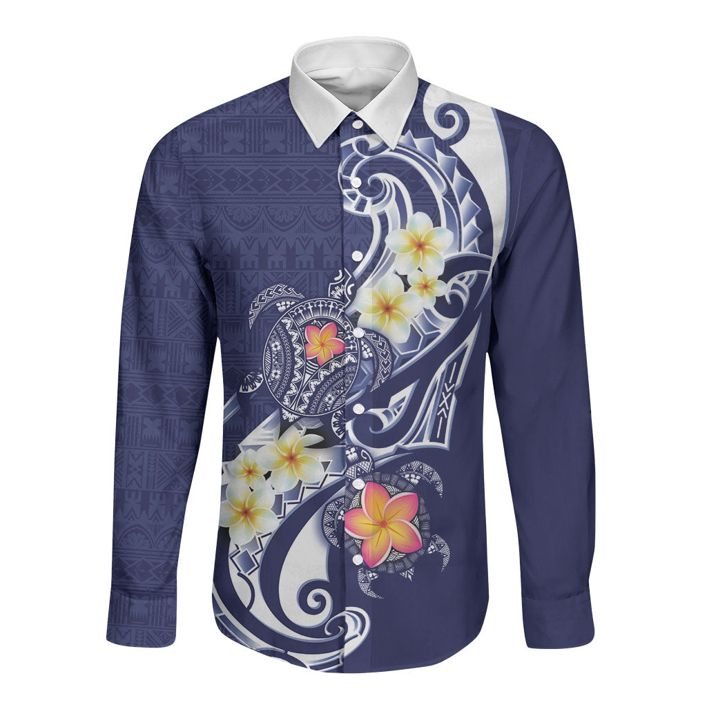 Bula Fiji Tapa Turtle Long Sleeve Button Shirt Plumeria Fijian Masi Vonu Midnight Blue LT14 Unisex Midnight Blue - Polynesian Pride