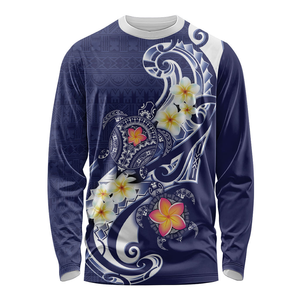 Bula Fiji Tapa Turtle Long Sleeve Shirt Plumeria Fijian Masi Vonu Midnight Blue LT14 Unisex Midnight Blue - Polynesian Pride