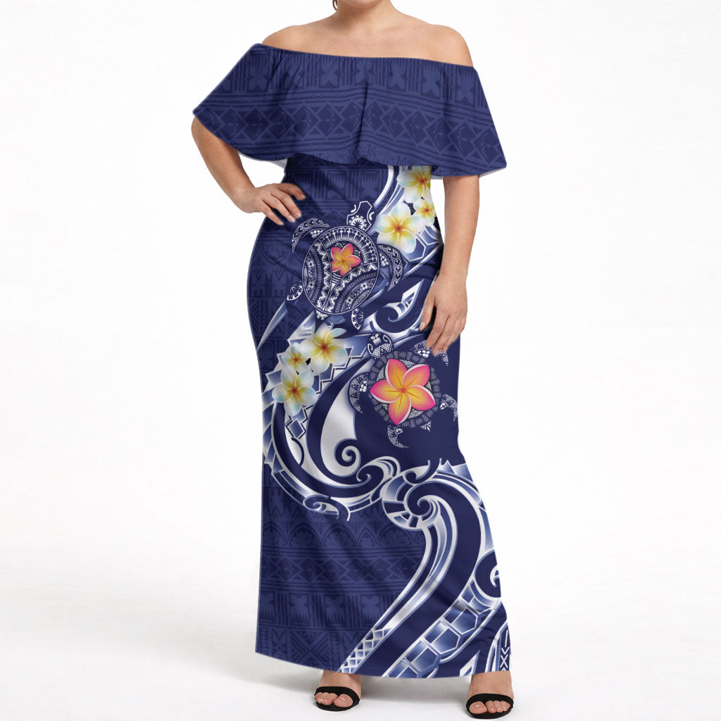 Bula Fiji Tapa Turtle Off Shoulder Maxi Dress Plumeria Fijian Masi Vonu Midnight Blue LT14 Women Midnight Blue - Polynesian Pride