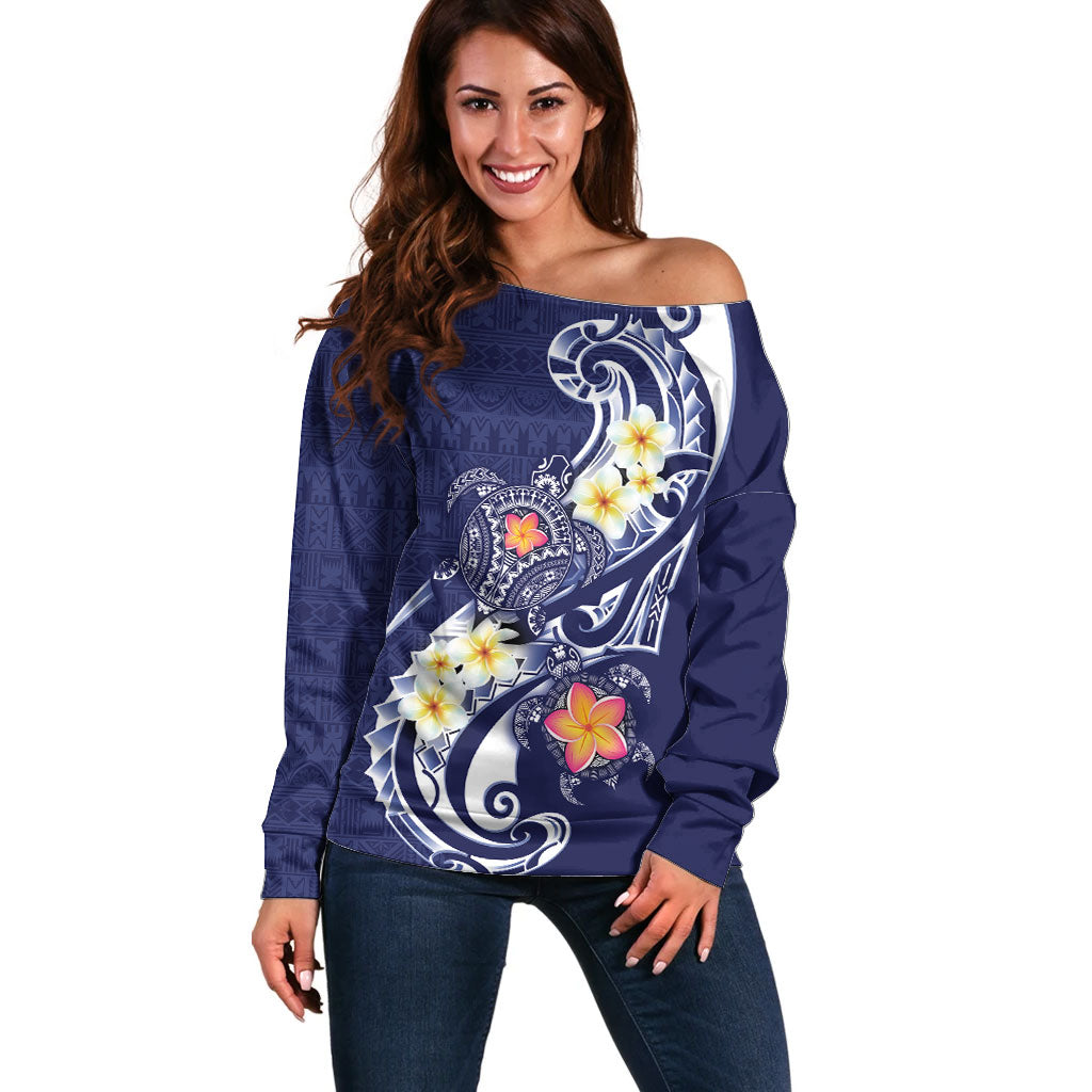Bula Fiji Tapa Turtle Off Shoulder Sweater Plumeria Fijian Masi Vonu Midnight Blue LT14 Women Midnight Blue - Polynesian Pride