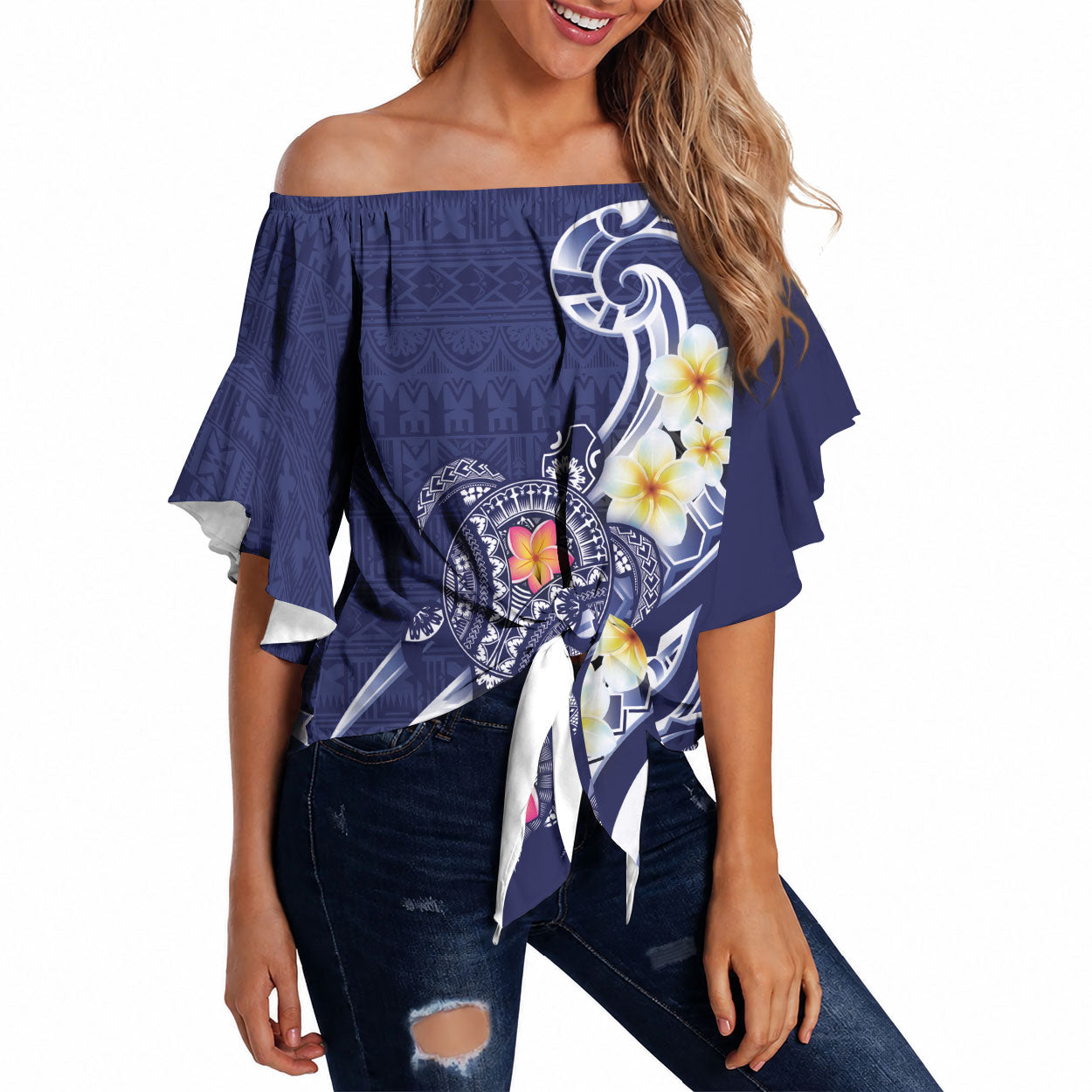Bula Fiji Tapa Turtle Off Shoulder Wrap Waist Top Plumeria Fijian Masi Vonu Midnight Blue LT14 Midnight Blue - Polynesian Pride