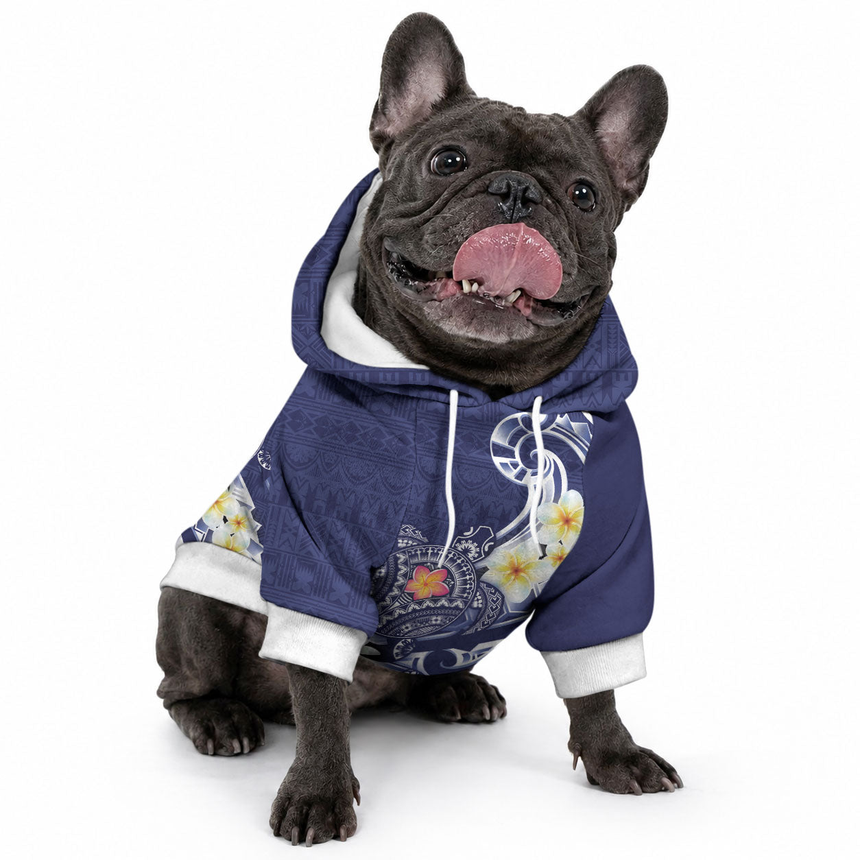 Bula Fiji Tapa Turtle Pet Hoodie Plumeria Fijian Masi Vonu Midnight Blue LT14 - Polynesian Pride