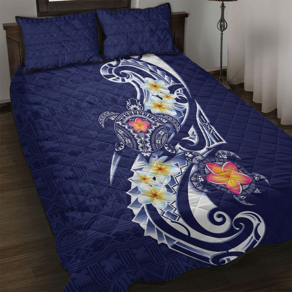 Bula Fiji Tapa Turtle Quilt Bed Set Plumeria Fijian Masi Vonu Midnight Blue LT14 Midnight Blue - Polynesian Pride