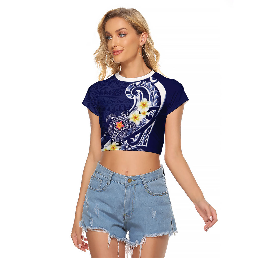 Bula Fiji Tapa Turtle Raglan Cropped T Shirt Plumeria Fijian Masi Vonu Midnight Blue LT14 Female Midnight Blue - Polynesian Pride