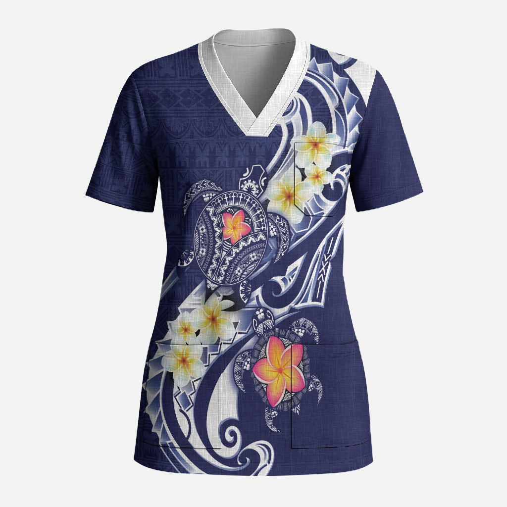 Bula Fiji Tapa Turtle Scrub Top Plumeria Fijian Masi Vonu Midnight Blue LT14 Adult Midnight Blue - Polynesian Pride