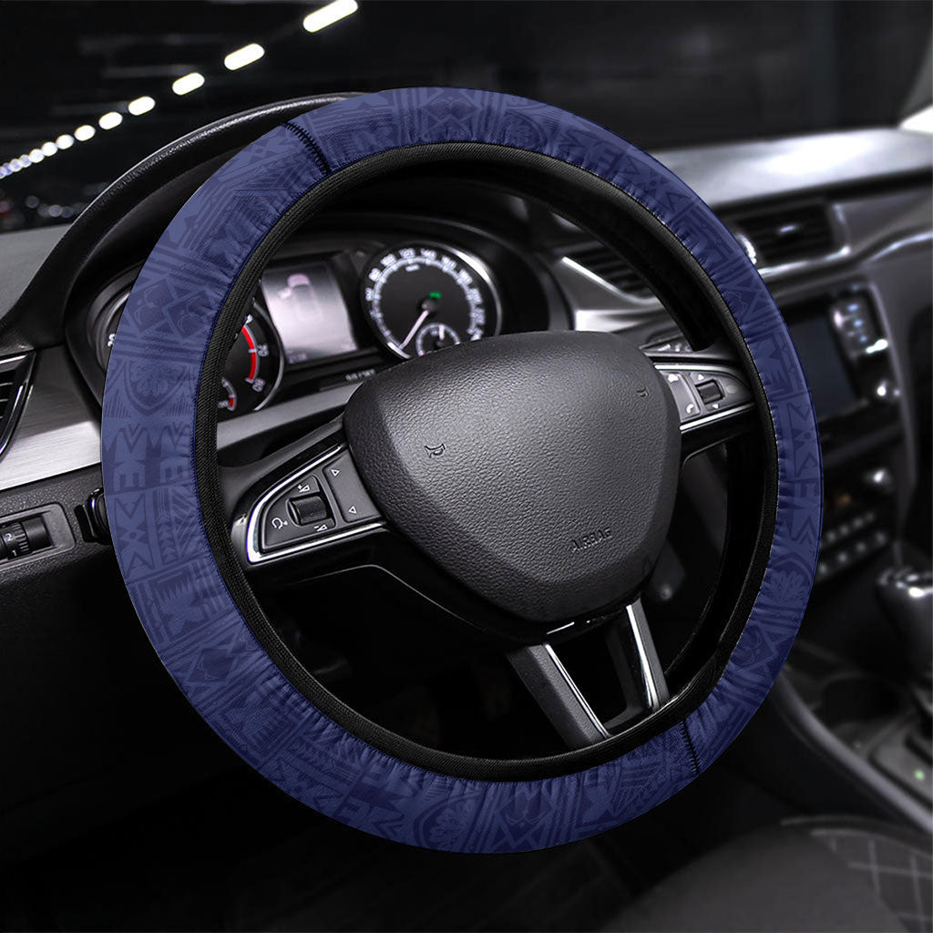 Bula Fiji Tapa Turtle Steering Wheel Cover Plumeria Fijian Masi Vonu Midnight Blue LT14 Universal Fit Midnight Blue - Polynesian Pride