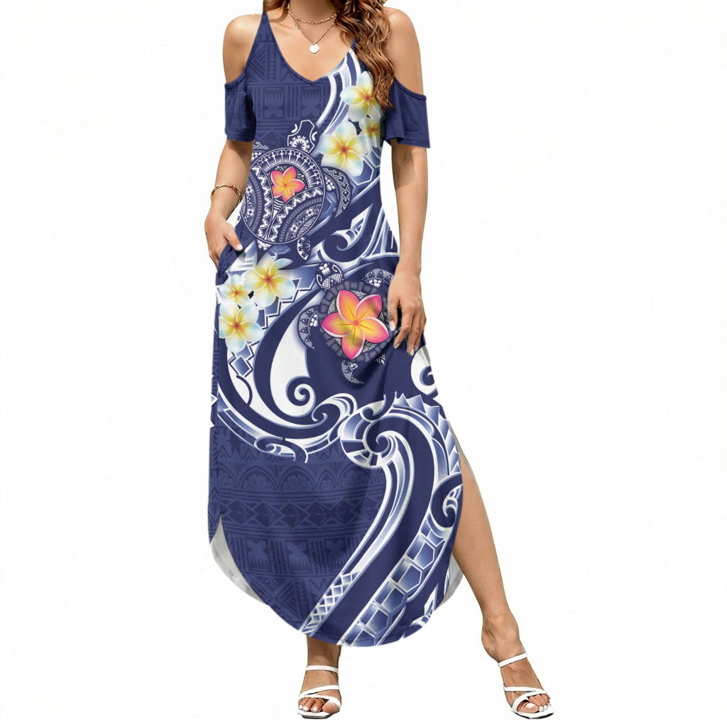 Bula Fiji Tapa Turtle Summer Maxi Dress Plumeria Fijian Masi Vonu Midnight Blue LT14 Women Midnight Blue - Polynesian Pride