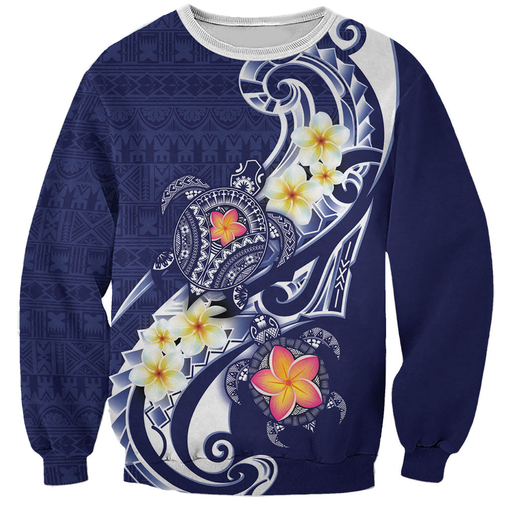 Bula Fiji Tapa Turtle Sweatshirt Plumeria Fijian Masi Vonu Midnight Blue LT14 Unisex Midnight Blue - Polynesian Pride