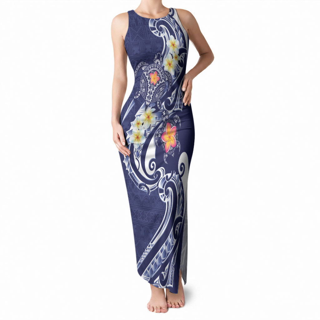 Bula Fiji Tapa Turtle Tank Maxi Dress Plumeria Fijian Masi Vonu Midnight Blue LT14 Women Midnight Blue - Polynesian Pride
