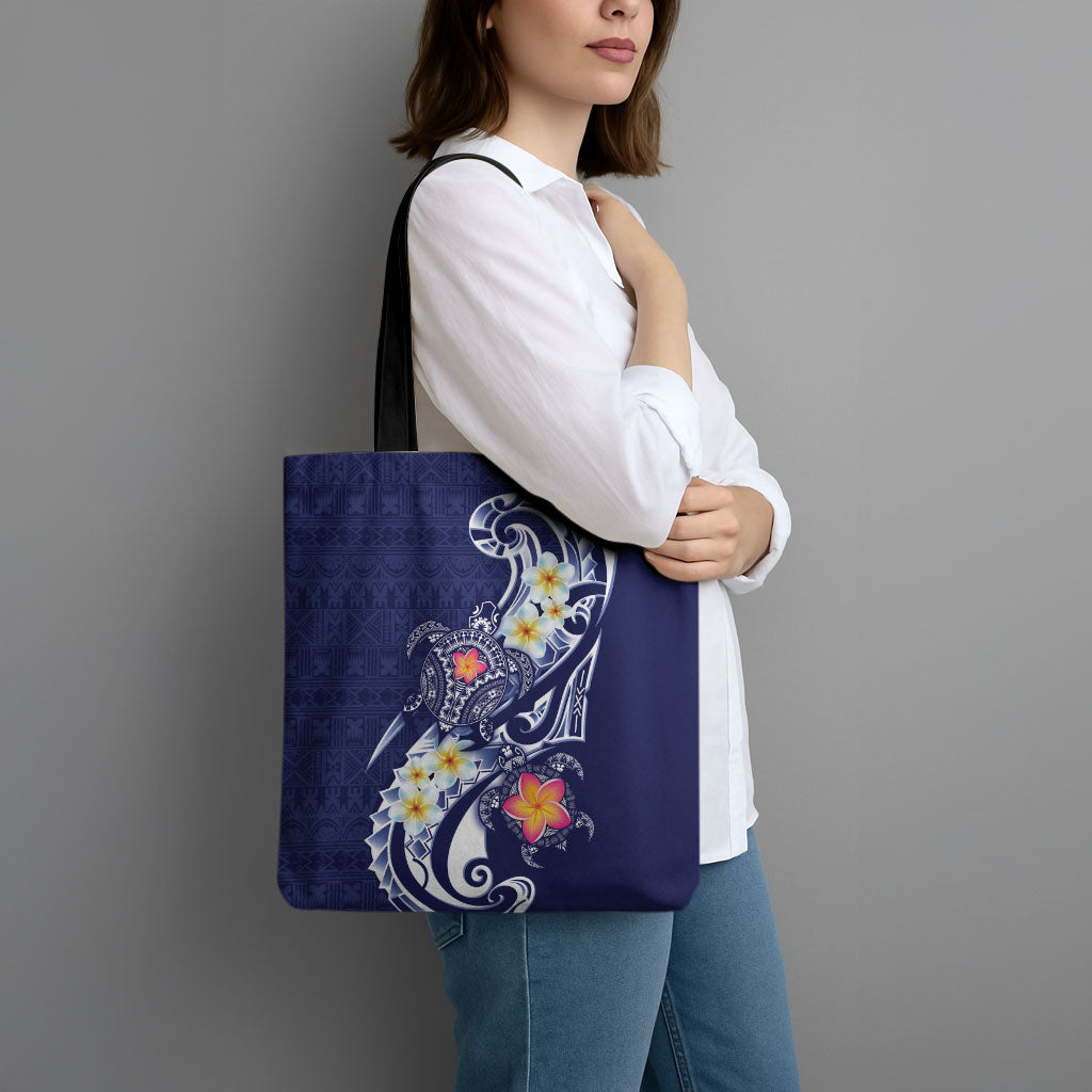 Bula Fiji Tapa Turtle Tote Bag Plumeria Fijian Masi Vonu Midnight Blue LT14 - Polynesian Pride