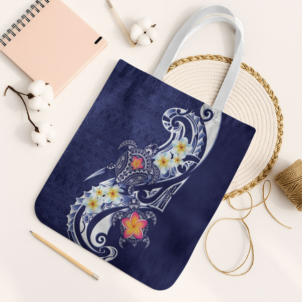 Bula Fiji Tapa Turtle Tote Bag Plumeria Fijian Masi Vonu Midnight Blue LT14 White Strap One Size Midnight Blue - Polynesian Pride