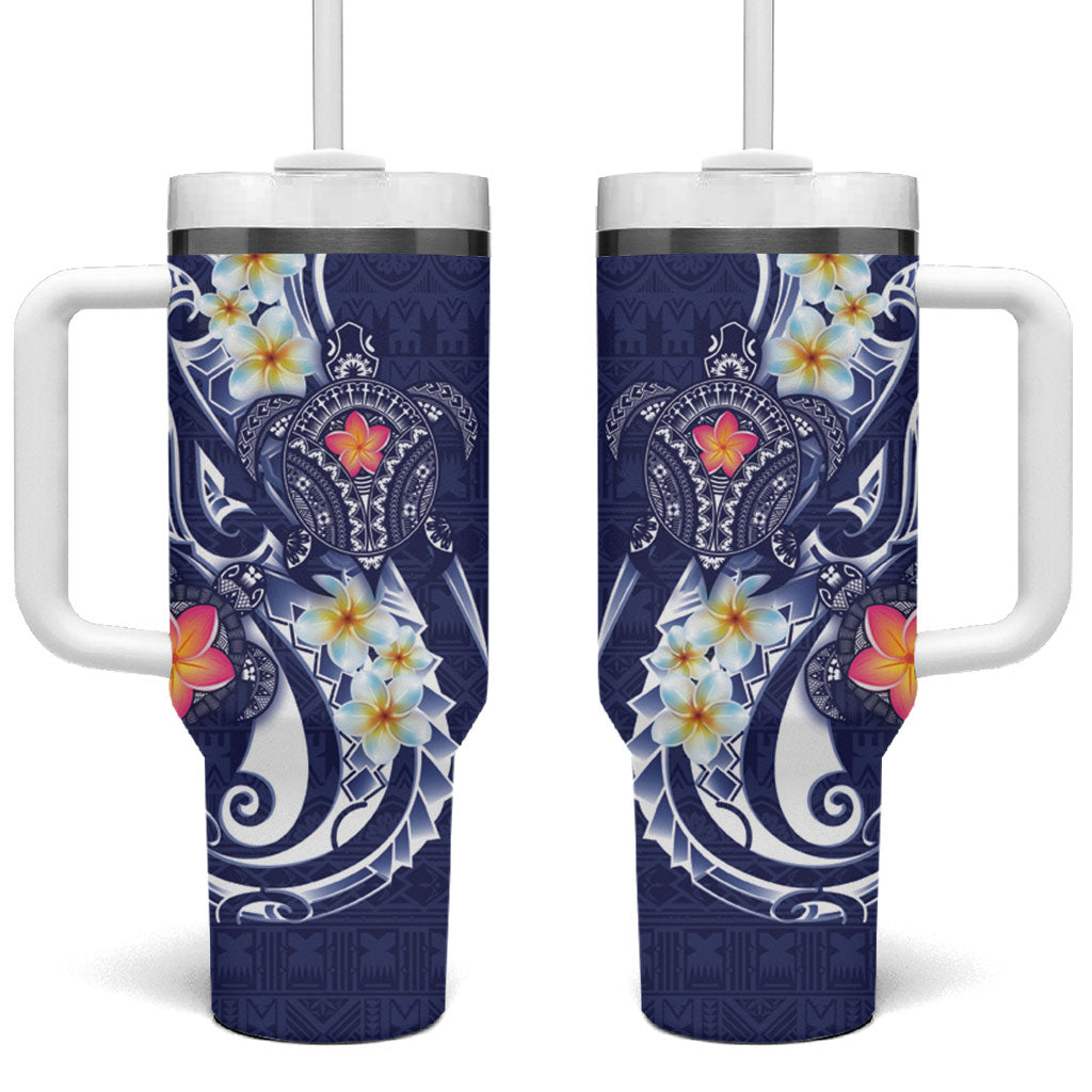 Bula Fiji Tapa Turtle Tumbler With Handle Plumeria Fijian Masi Vonu Midnight Blue LT14 One Size: 40 oz Midnight Blue - Polynesian Pride