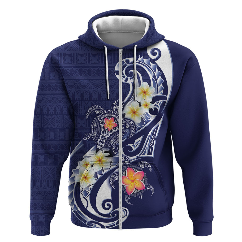 Bula Fiji Tapa Turtle Zip Hoodie Plumeria Fijian Masi Vonu Midnight Blue LT14 Zip Hoodie Midnight Blue - Polynesian Pride