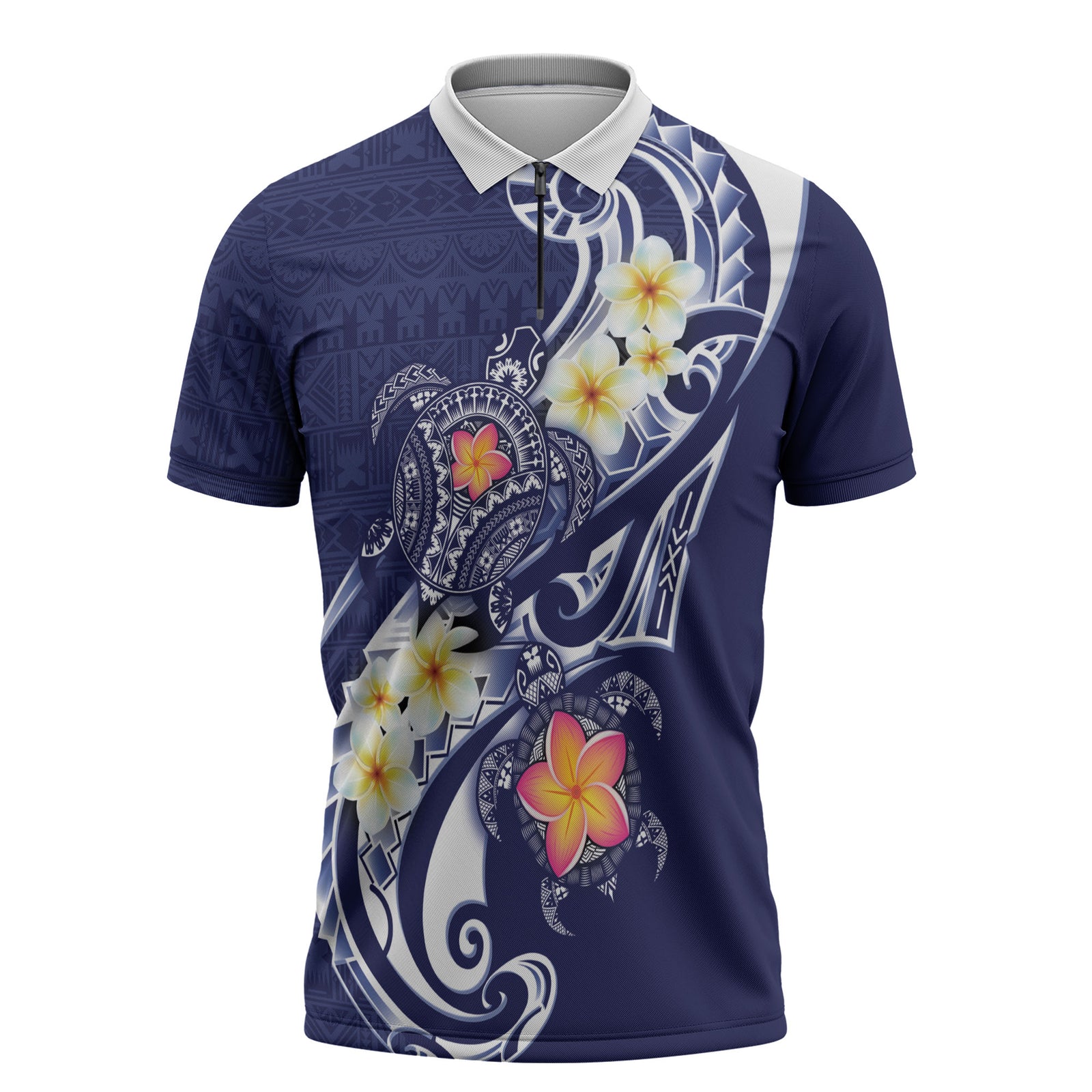 Bula Fiji Tapa Turtle Zipper Polo Shirt Plumeria Fijian Masi Vonu Midnight Blue LT14 Midnight Blue - Polynesian Pride
