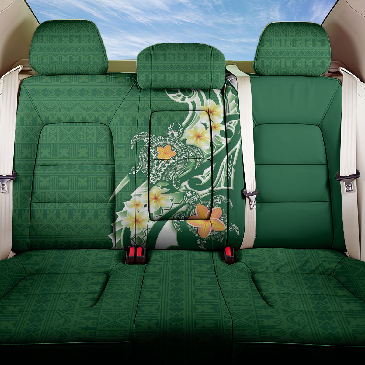 Bula Fiji Tapa Turtle Back Car Seat Cover Plumeria Fijian Masi Vonu Green LT14 One Size Green - Polynesian Pride