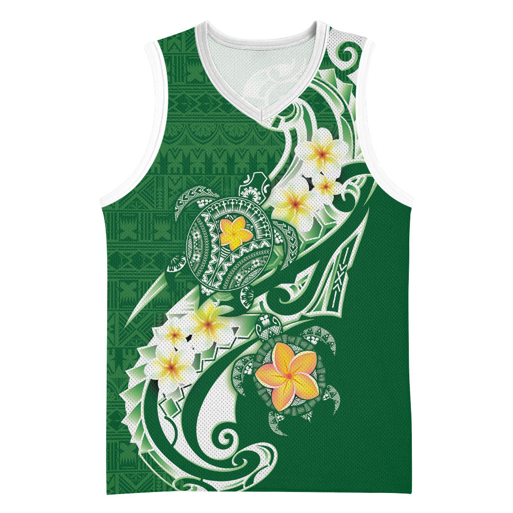 Bula Fiji Tapa Turtle Basketball Jersey Plumeria Fijian Masi Vonu Green LT14 Unisex Green - Polynesian Pride