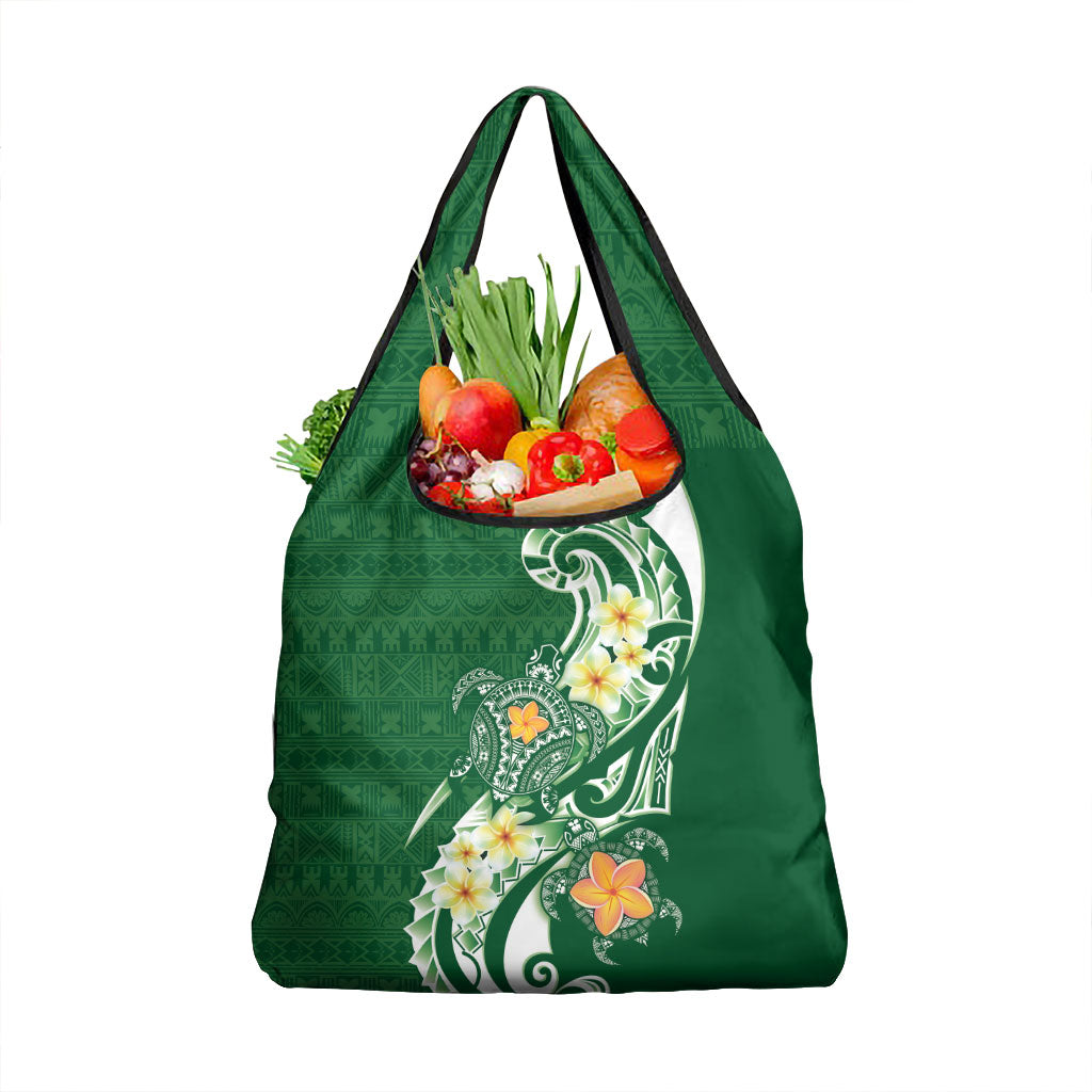 Bula Fiji Tapa Turtle Grocery Bag Plumeria Fijian Masi Vonu Green LT14 1-pack One Size Green - Polynesian Pride