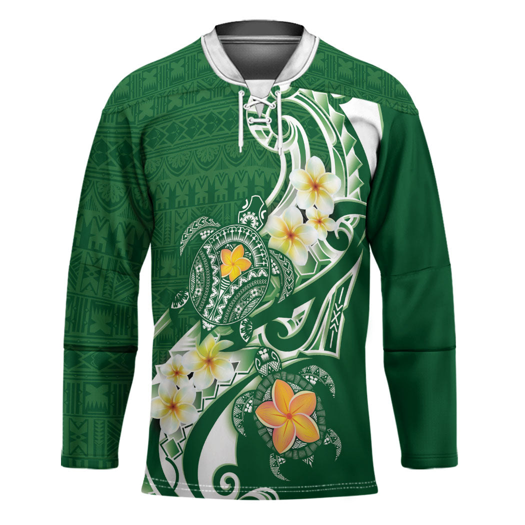 Bula Fiji Tapa Turtle Hockey Jersey Plumeria Fijian Masi Vonu Green LT14 Unisex Green - Polynesian Pride