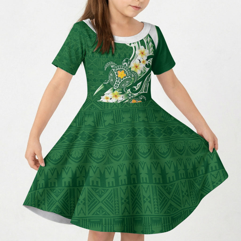 Bula Fiji Tapa Turtle Kid Short Sleeve Dress Plumeria Fijian Masi Vonu Green LT14 KID Green - Polynesian Pride