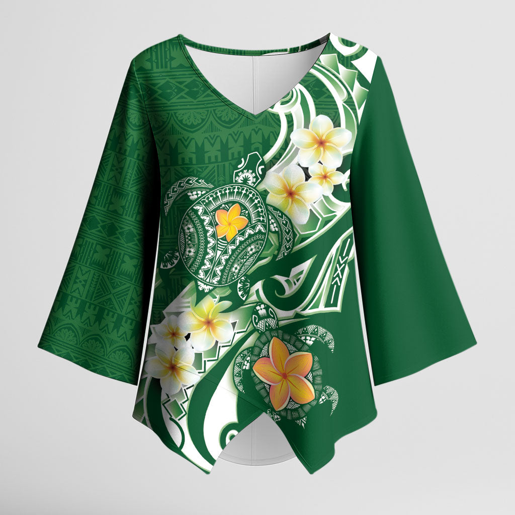 Bula Fiji Tapa Turtle Kimono Sleeve Blouse Plumeria Fijian Masi Vonu Green LT14 Female Green - Polynesian Pride