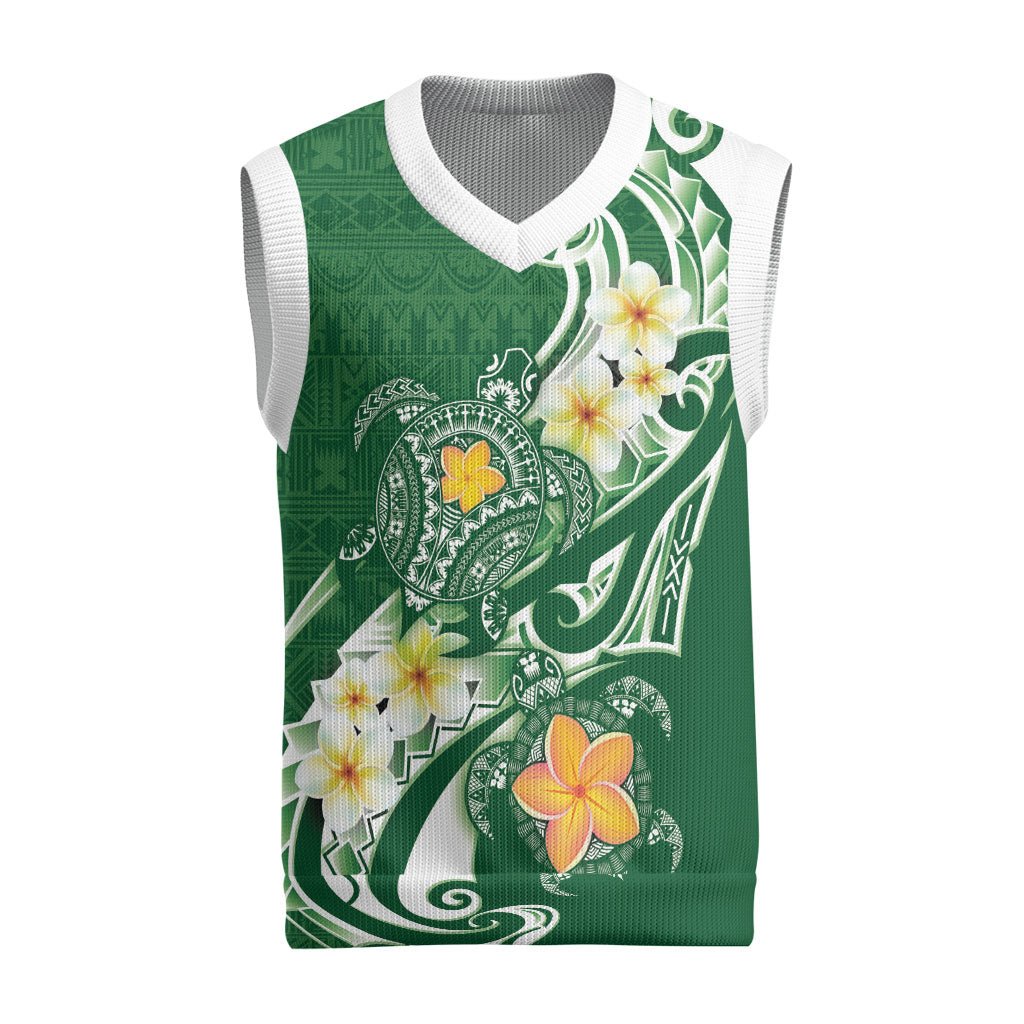 Bula Fiji Tapa Turtle Christmas Knitted V-Neck Vest Plumeria Fijian Masi Vonu Green LT14 Green - Polynesian Pride