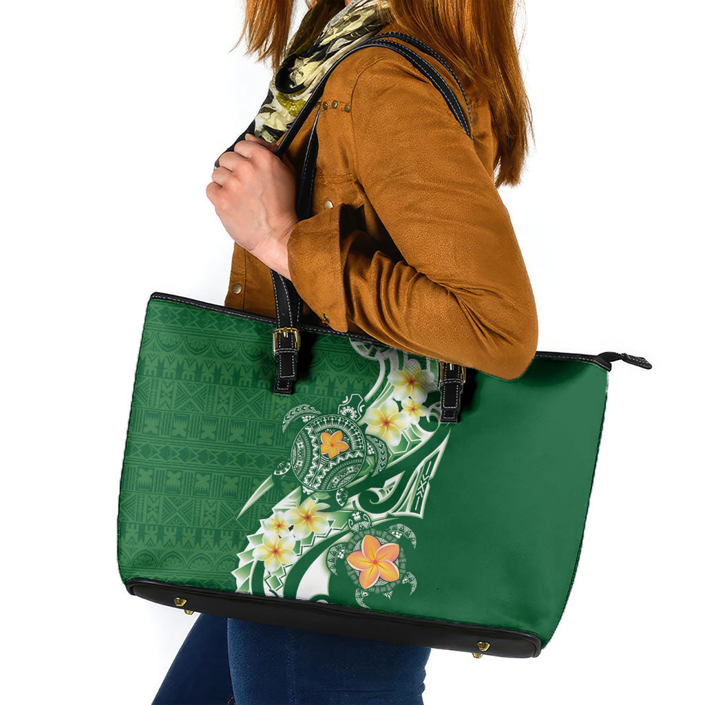 Bula Fiji Tapa Turtle Leather Tote Bag Plumeria Fijian Masi Vonu Green LT14 Green - Polynesian Pride