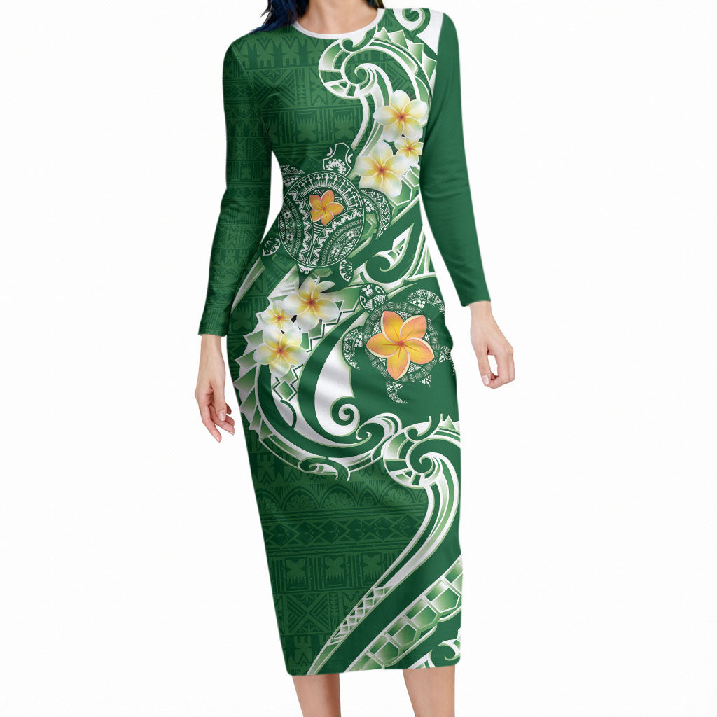 Bula Fiji Tapa Turtle Long Sleeve Bodycon Dress Plumeria Fijian Masi Vonu Green LT14 Long Dress Green - Polynesian Pride