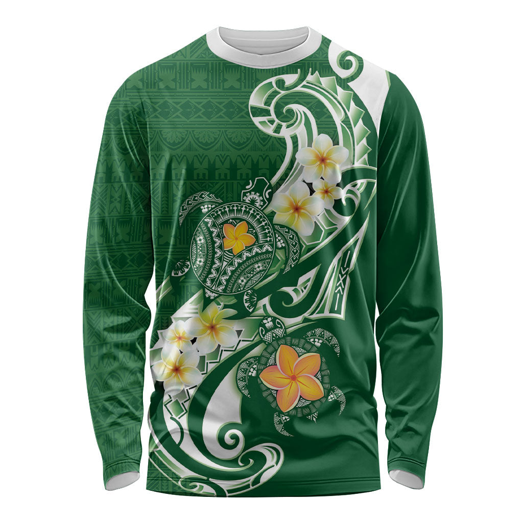 Bula Fiji Tapa Turtle Long Sleeve Shirt Plumeria Fijian Masi Vonu Green LT14 Unisex Green - Polynesian Pride