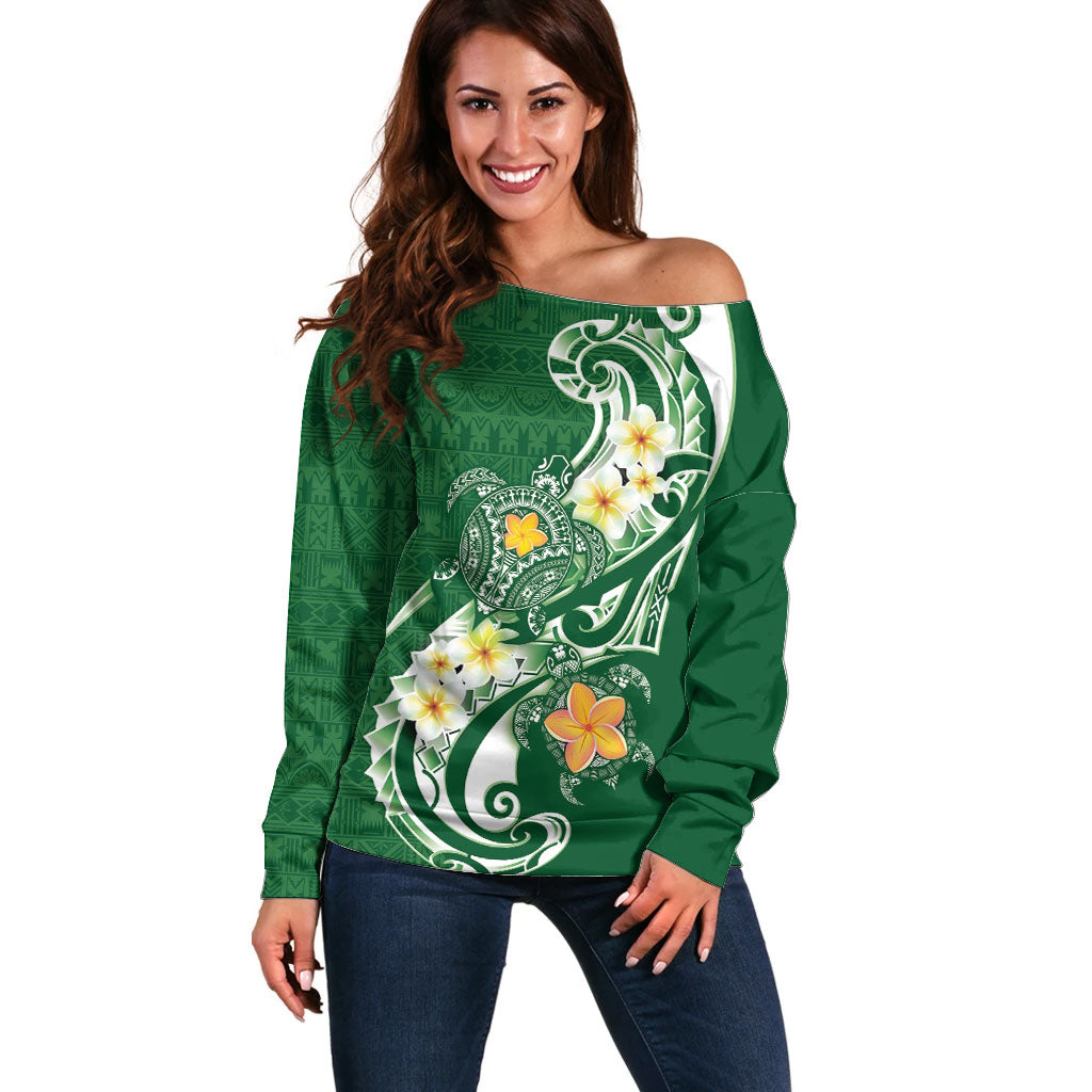 Bula Fiji Tapa Turtle Off Shoulder Sweater Plumeria Fijian Masi Vonu Green LT14 Women Green - Polynesian Pride