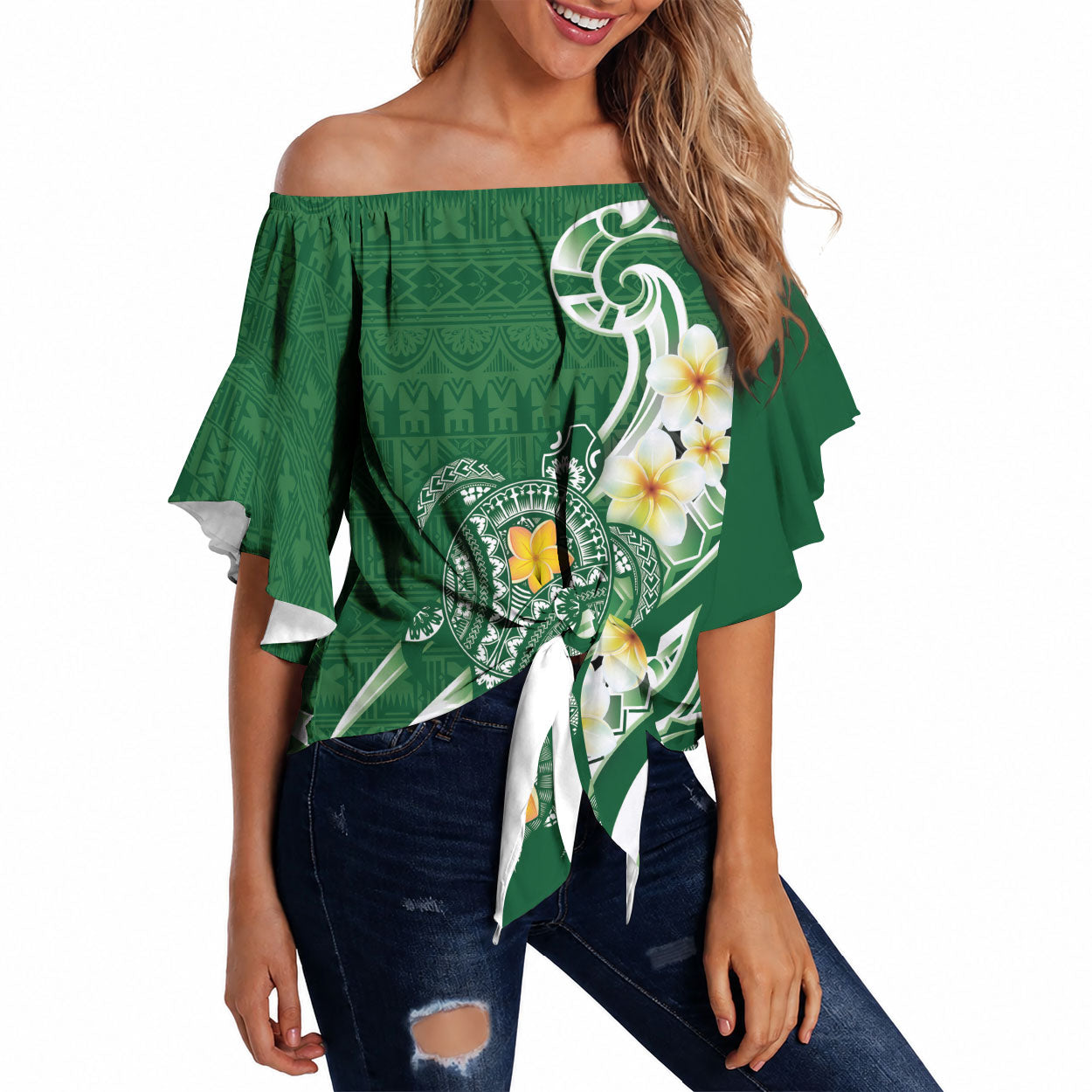 Bula Fiji Tapa Turtle Off Shoulder Wrap Waist Top Plumeria Fijian Masi Vonu Green LT14 Green - Polynesian Pride