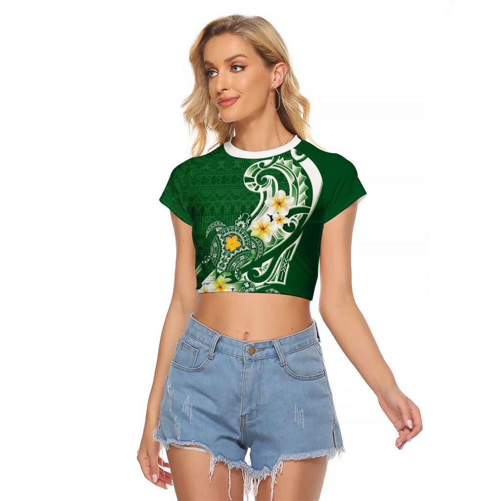 Bula Fiji Tapa Turtle Raglan Cropped T Shirt Plumeria Fijian Masi Vonu Green LT14 Female Green - Polynesian Pride